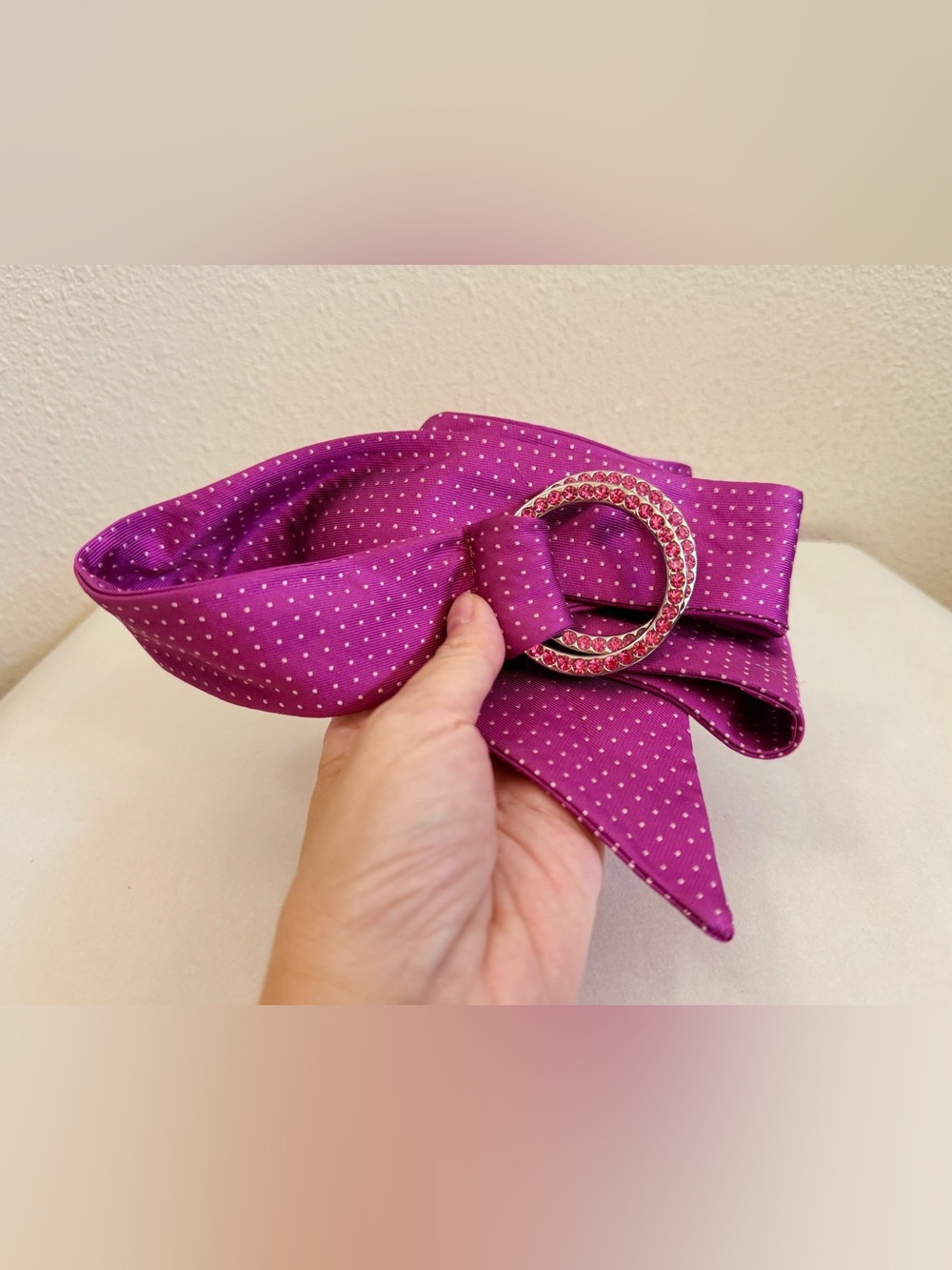 Express Size L Purple Silk Polka Dot Belt Rhinestone Double Ring Buckle